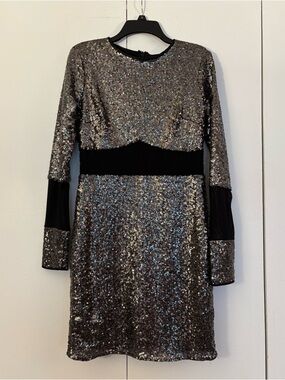 ASOS Long Sleeve Silver Sequin Black Mesh Short Party Dress 10 DAMAGED SEE NOTES